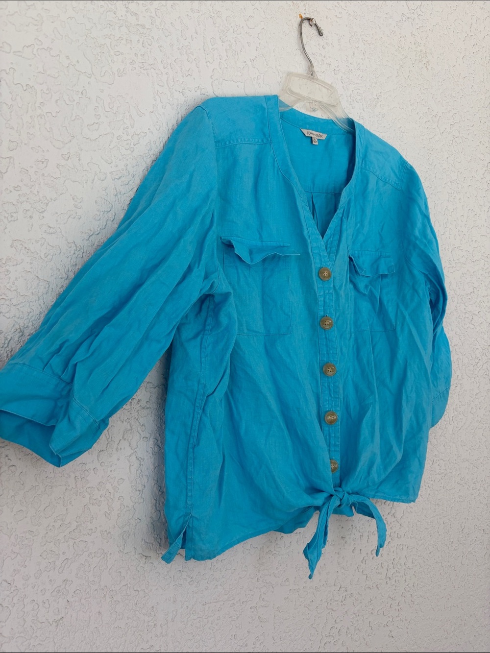 John Mark Turquoise Button-Front Tie-Hem linen Women's Shirt size XL - Picture 4 of 8